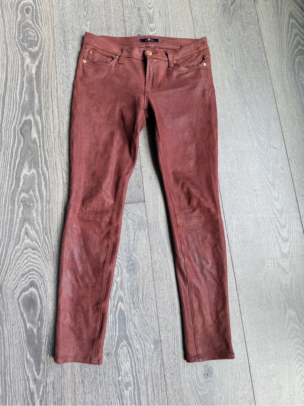7 For All Mankind Faux Leather Coated Skinny Pants in Burgundy Brown Size 27